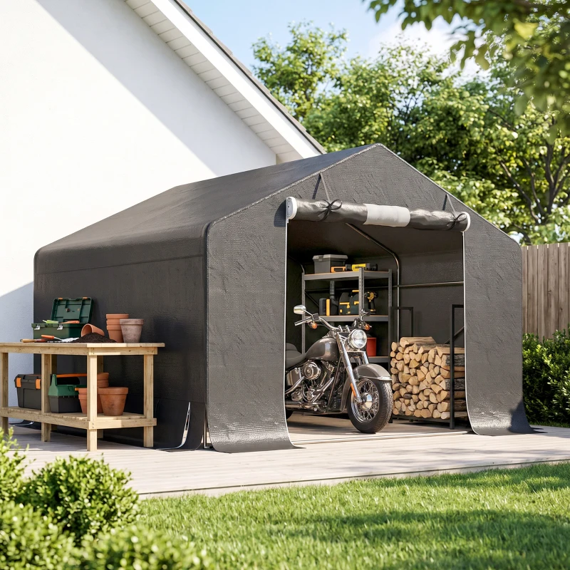 Outsunny Tragbarer Gartenschuppen, Fahrradzelt, Rolltür mit Reißverschluss, Metallrahmen, vielseitige Aufbewahrung, Dunkelgrau