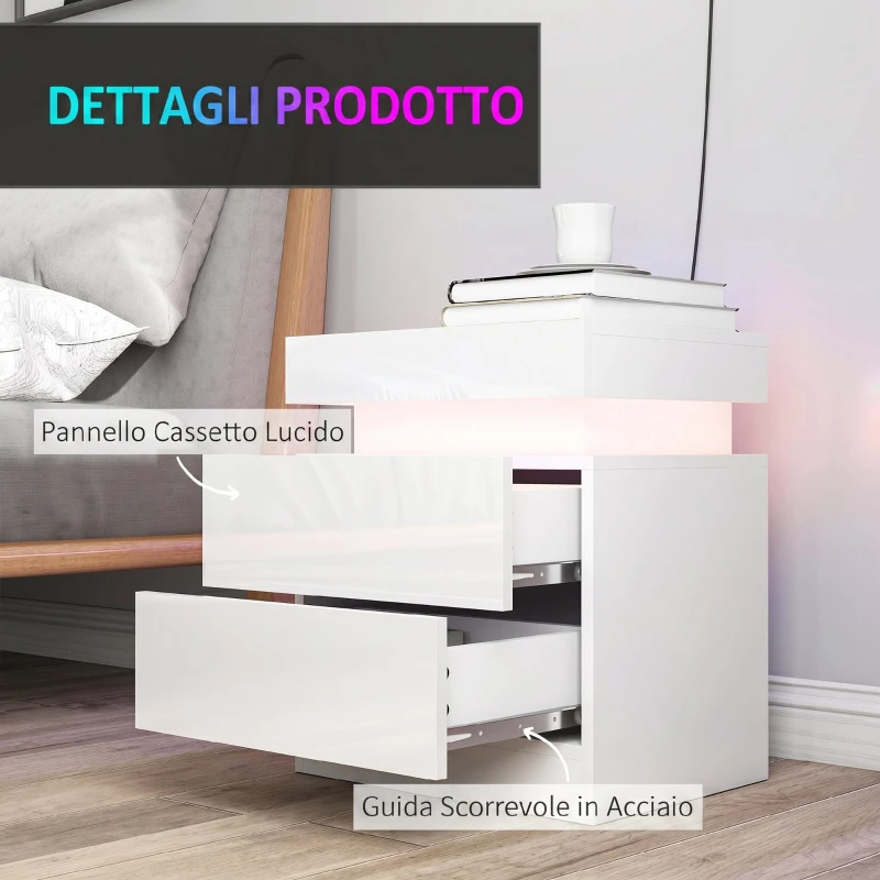 HOMCOM Set 2 Comodini LED a 16 Colori e 4 Modalità con 2 Cassetti, in Legno, 45x35x52 cm, Bianco Lucido