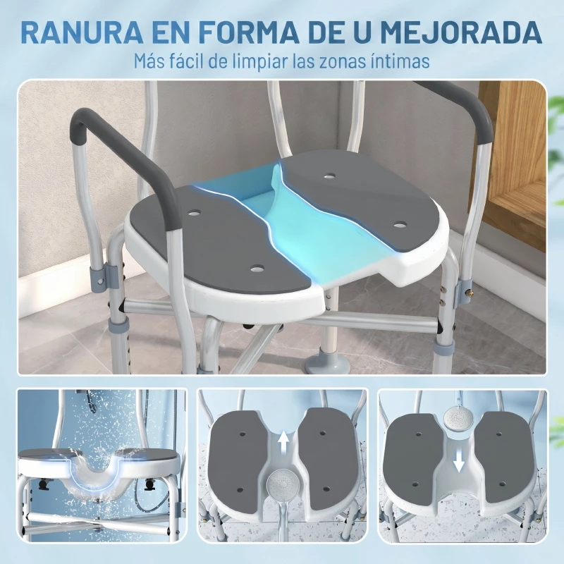 HOMCOM Silla de Ducha con Asiento Ranurado Altura Regulable Antideslizante Respaldo y Reposabrazos Carga 136 kg Gris