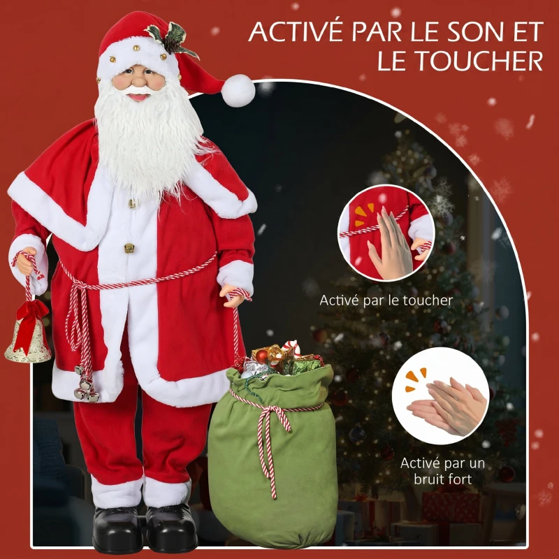 HOMCOM Figurine de Père Noël, Debout de Père Noël Rouge Traditionnelle 140 cm avec Sac de Cadeaux, Effets Sonores et Cloche