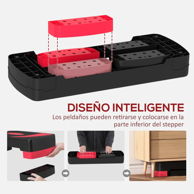 HOMCOM Step de Aeróbic para Fitness Antideslizante con Altura Regulable 3 Niveles 10/15/20 cm Carga 150 kg 80x31x20 cm Rojo