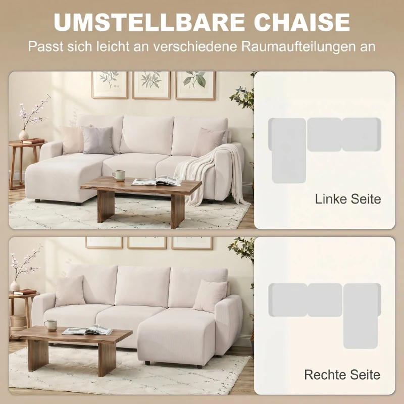 HOMCOM Schlafsofa mit Umkehrbarer Chaiselongue, L-förmiges 3-Sitzer Sofa aus Veloursbezug, Cremeweiß