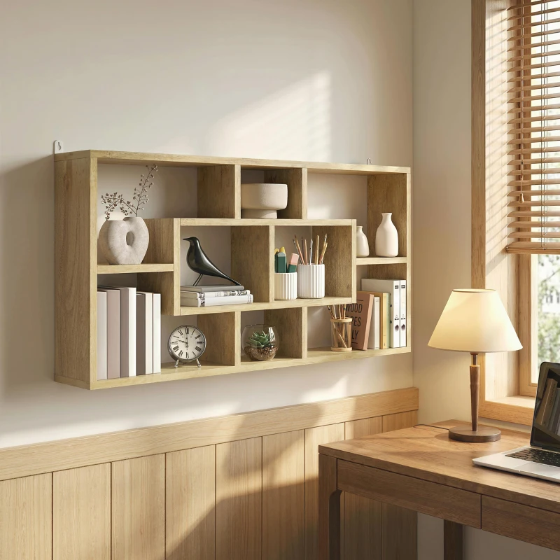 HOMCOM Étagère murale bibliothèque 8 cubes, meuble de rangement, design moderne, 85 x 14,5 x 47,5 cm, chêne