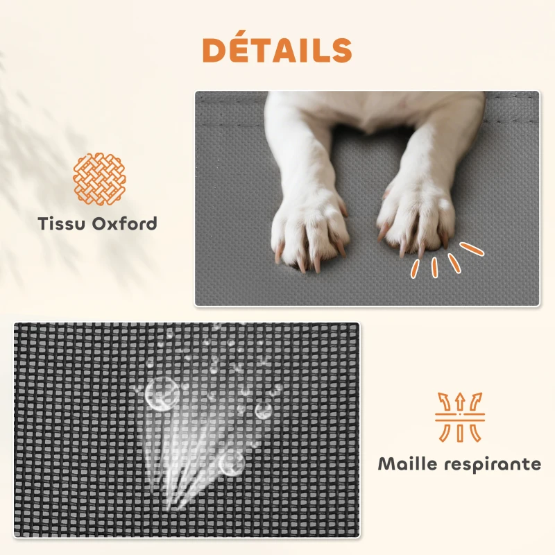 PawHut Lit Chien Sureleve avec Parasol, Lit de Camp Chien Chat sur Pieds Tissu Oxford Respirant, Anti-UV Cadre en Métal Sac de Transport Inclus Couchage Extérieur pour Chat 122 x 92 x 108 cm Gris Noir