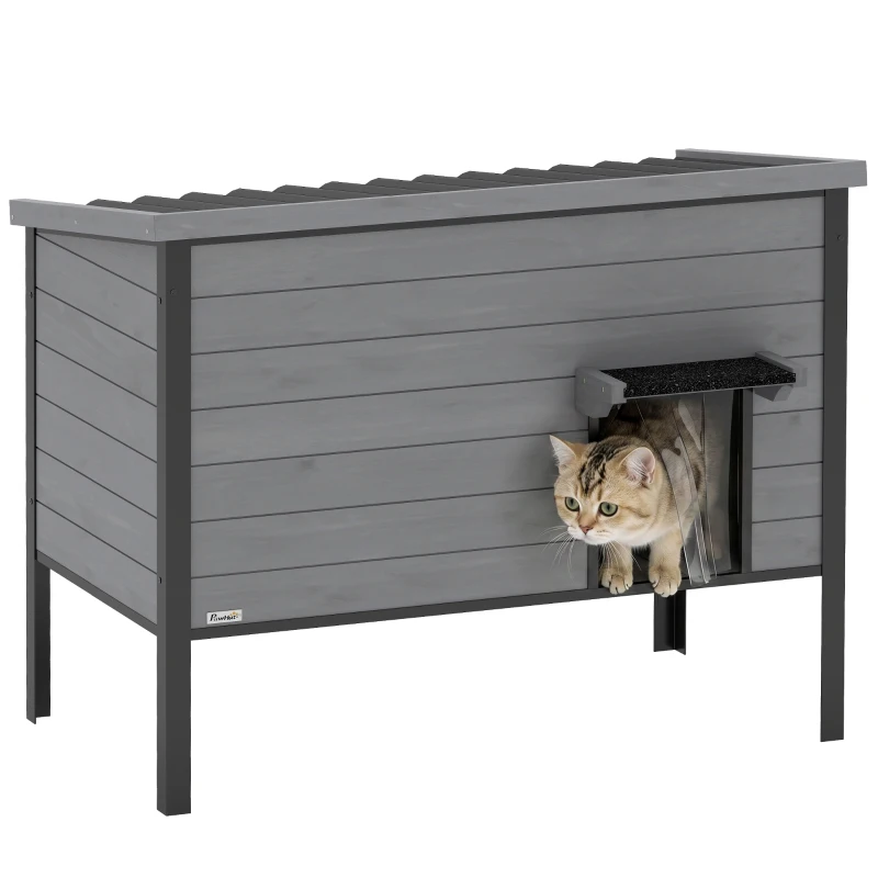 PawHut Wetterfest Katzenhaus mit aufklappbarem Dach herausnehmbarem Boden Eingang für 1-2 Katzen bis 12 kg 85x55x70 cm Hellgrau