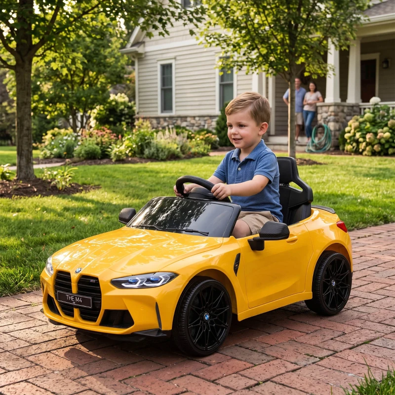 AIYAPLAY 12V kinderauto met afstandsbediening, 2 motoren, claxon, LED, muziek, zachte start, hulpwiel, 3-5 jaar, Geel