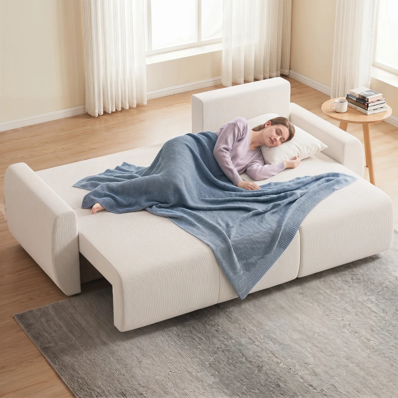 HOMCOM Schlafsofa mit Umkehrbarer Chaiselongue, L-förmiges 3-Sitzer Sofa aus Veloursbezug, Cremeweiß