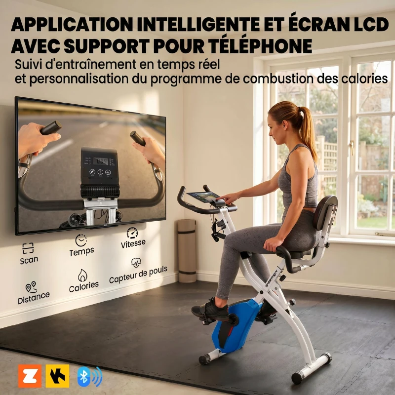 SPORTNOW Vélo d'Appartement Pliable Vélo de Fitness 3 en 1 Silencieux Connecté Kinomap Bluetooth et Zwift 105x53,5x109cm Bleu