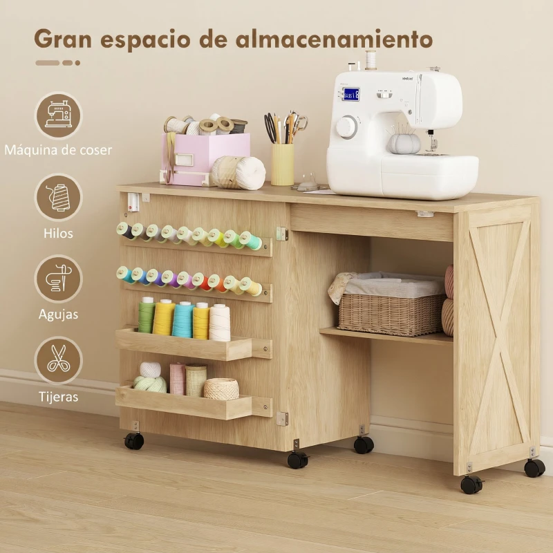 HOMCOM Mesa Máquina de Coser Plegable con Puerta Magnética 2 Compartimentos Estante 18 Soportes para Hilos 5 Ruedas Natural
