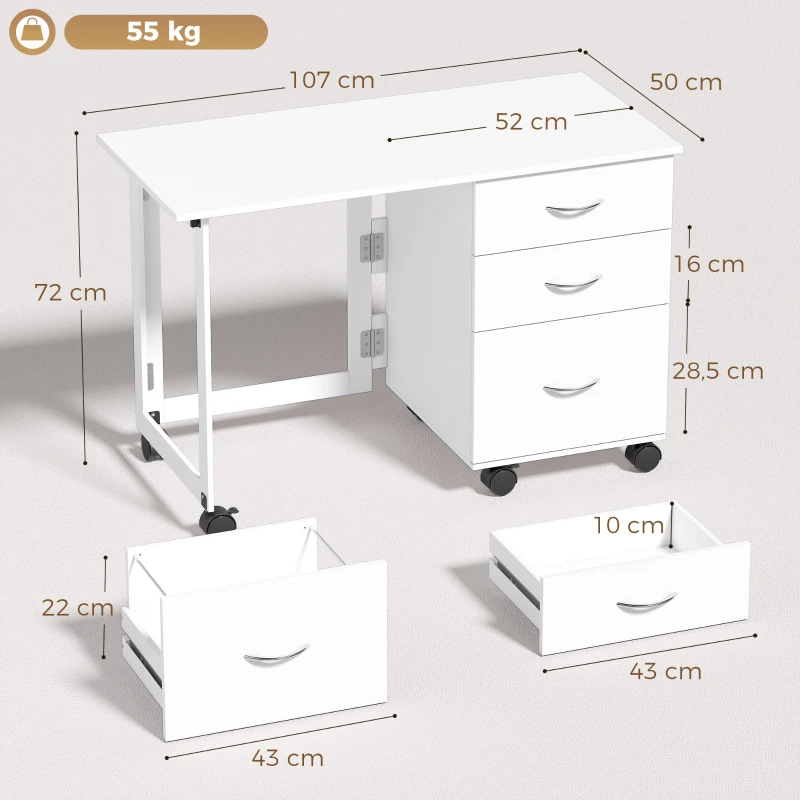 HOMCOM Scrivania Ufficio Pieghevole con 3 Cassetti, 4 Ruote con Freno, Bianco