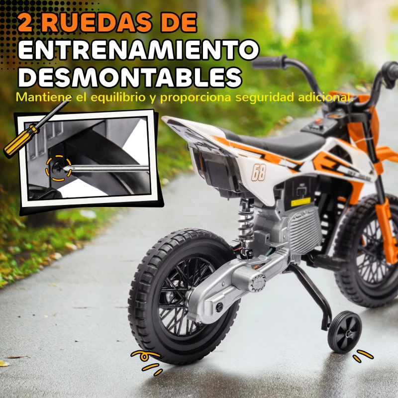 AIYAPLAY Moto Eléctrica para Niños 12V 2 Motores Suspensión Trasera Ruedas de Apoyo Desmontables Música Niños 3-6 Años Naranja