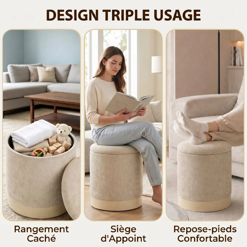 HOMCOM Pouf coffre rangement, tabouret rond en chenille, pouf repose-pieds avec base en métal effet bois, beige