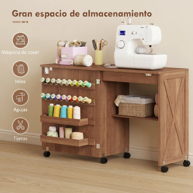 HOMCOM Mesa Máquina de Coser Plegable con Puerta Magnética 2 Compartimentos Estante 18 Soportes para Hilos 5 Ruedas Marrón