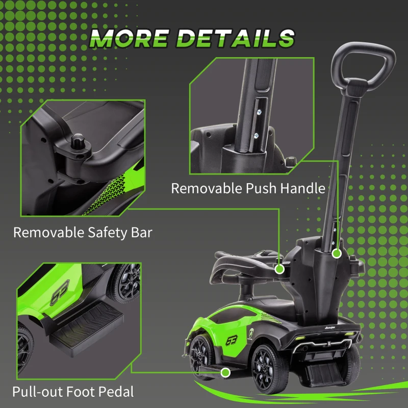 AIYAPLAY Lamborghini kindervoertuig 2-in-1, duwauto met duwstang en veiligheidsbeugel, stuur en toeter, groen