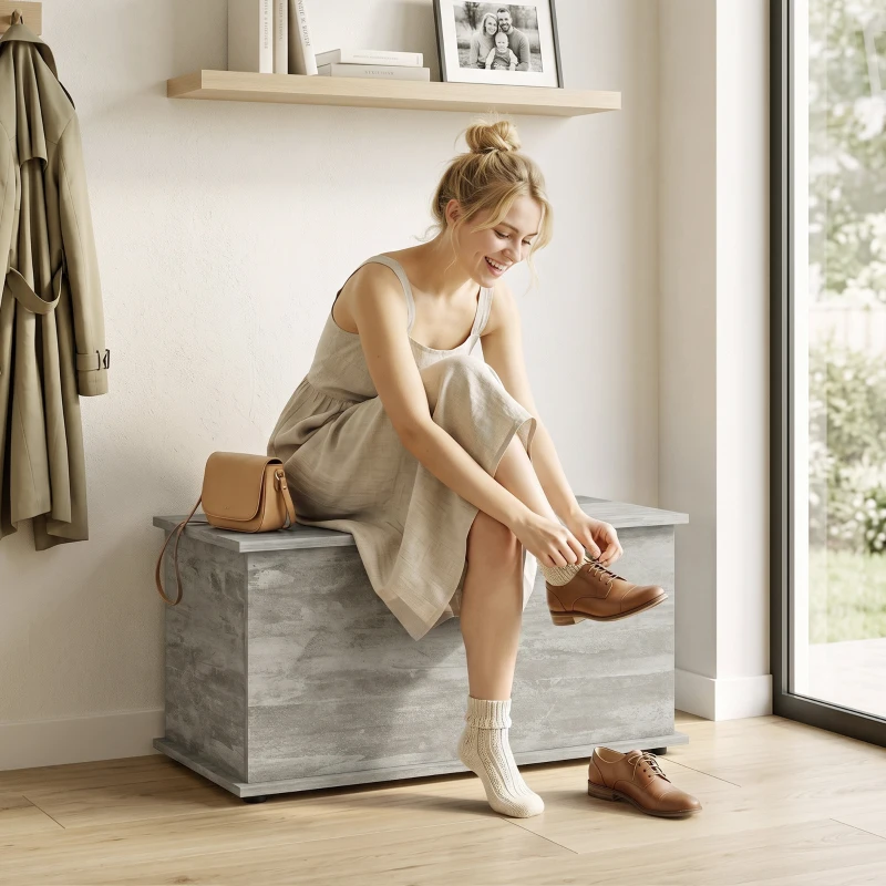 HOMCOM Coffre de Rangement, Banc de Rangement avec Couvercle Rabattable et Charnières de Sécurité, 80 x 40 x 45 cm, Gris