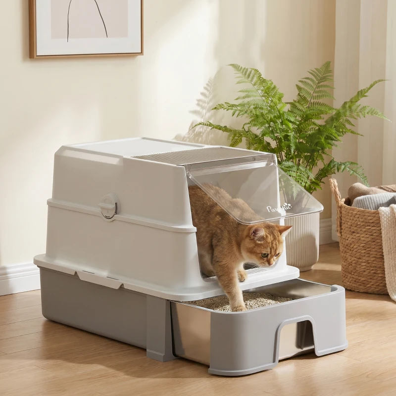 PawHut Katzentoilette aus Edelstahl mit Deckel, XL Katzenstreubox mit Schaufel, herausziehbare Wanne, hohe Seiten, leicht zu reinigen, grau