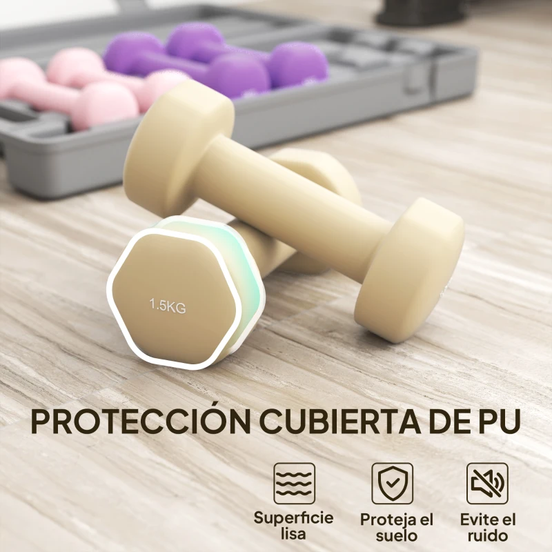 HOMCOM Juego de 6 Mancuernas Hexagonales de 1,5kg 1kg y 0,5kg con Revestimiento de PU con Maletín 43x18x7,5 cm Multicolor