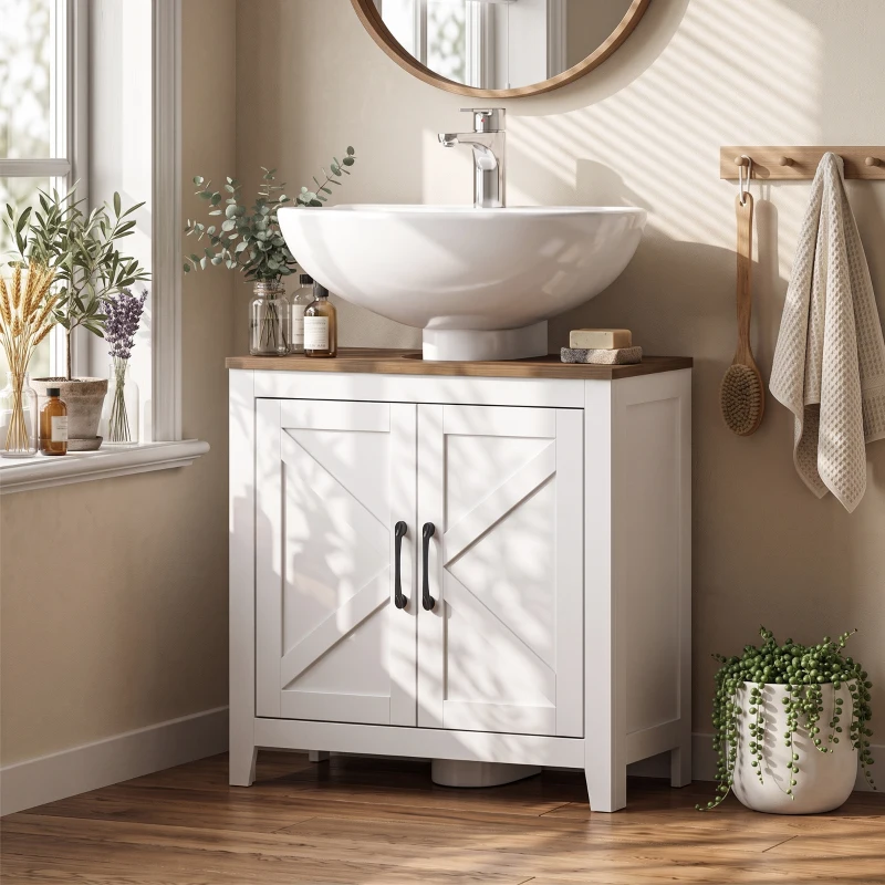 HOMCOM Mueble de Baño Bajo Lavabo Estilo Rústico con Estante Ajustable y 2 Puertas Tipo Granero Blanco