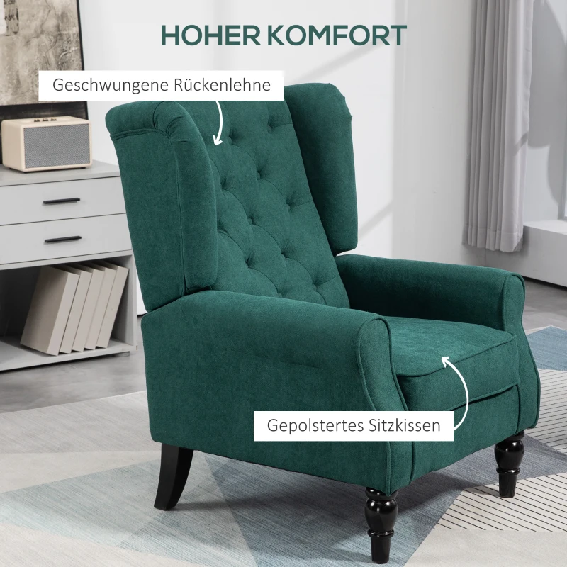 HOMCOM Eleganter Ohrensessel, dick gepolstert, abnehmbarer Bezug, 74 x 86 x 102 cm, Dunkelgrün