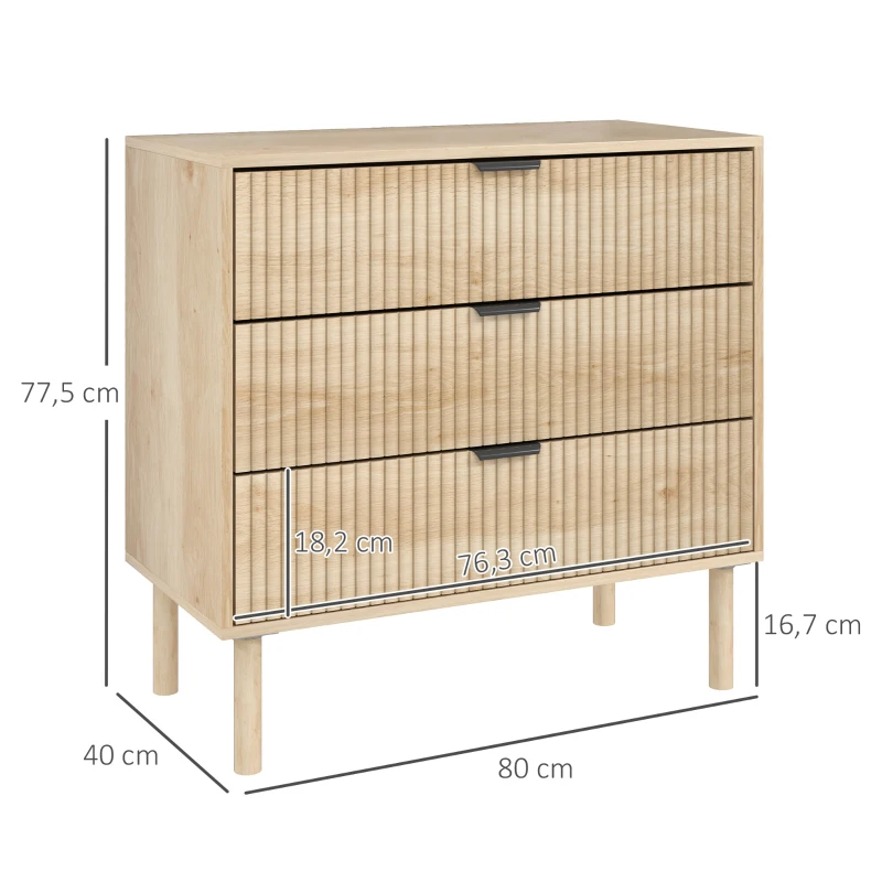 HOMCOM Cassettiera 3 Cassetti in Legno per Camera e Ingresso Stile Nordico, 80x40x77.5 cm, Rovere