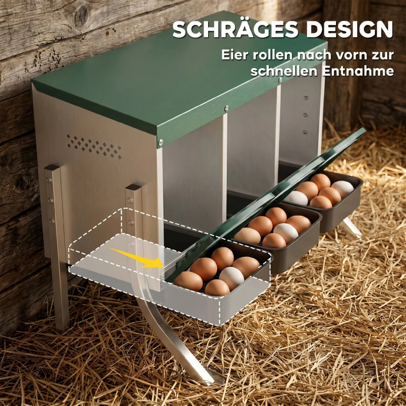 PawHut Legenest für Hühner, Abrollnest mit Belüftungslöchern, 3 Fächer, Hühnernest für 3 Hühner, 84 x 55 x 61 cm, Silber