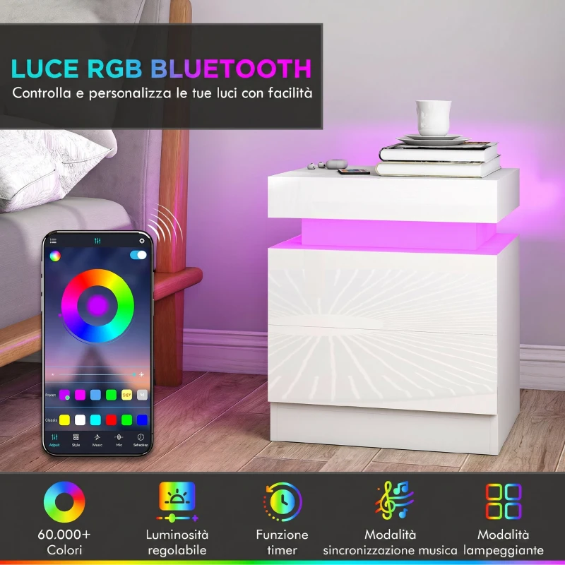 HOMCOM Set 2 Comodini LED a 16 Colori e 4 Modalità con 2 Cassetti, in Legno, 45x35x52 cm, Bianco Lucido
