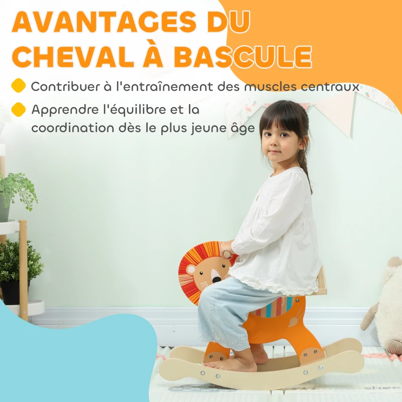 AIYAPLAY Cheval à bascule pour enfants, lion jouet à bascule bébé en bois avec guidon et base stable, 59 x 27 x 43 cm, orange