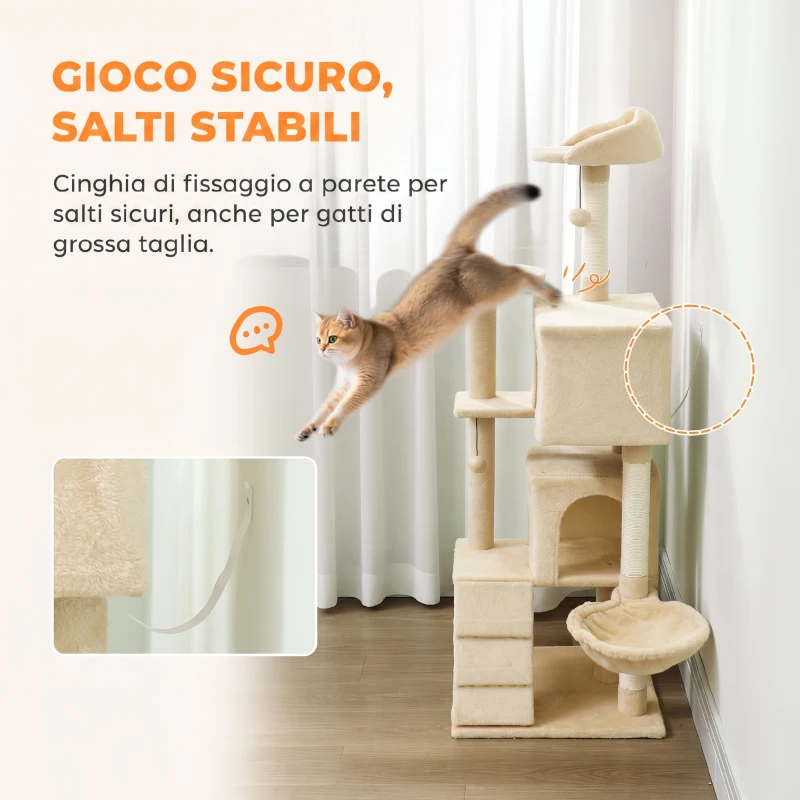 PawHut Albero Tiragraffi per Gatti Alto 140 cm con 2 Casette, Amaca, Lettino e Pali in Sisal, Beige