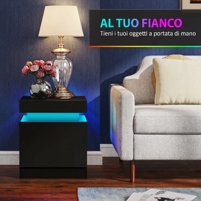 HOMCOM Set 2 Comodini LED a 16 Colori e 4 Modalità con 2 Cassetti, in Legno, 45x35x52 cm, Nero