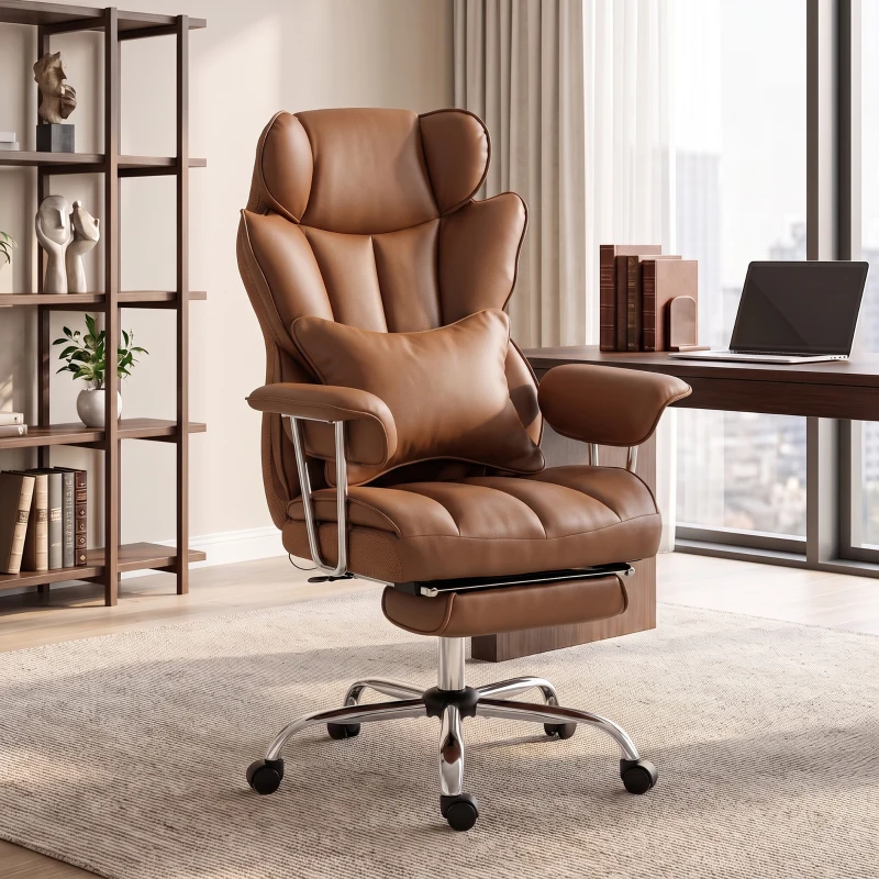 HOMCOM Silla de Oficina de Masaje 6 Puntos Vibrantes con Cojín Lumbar y Reposapiés, Altura Ajustable, Marrón