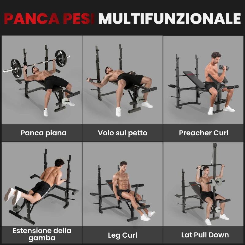 SPORTNOW Panca Palestra Multifunzione Regolabile con Rack Bilanciere con Leg Extension, Low Row, Arm Curl, Nero