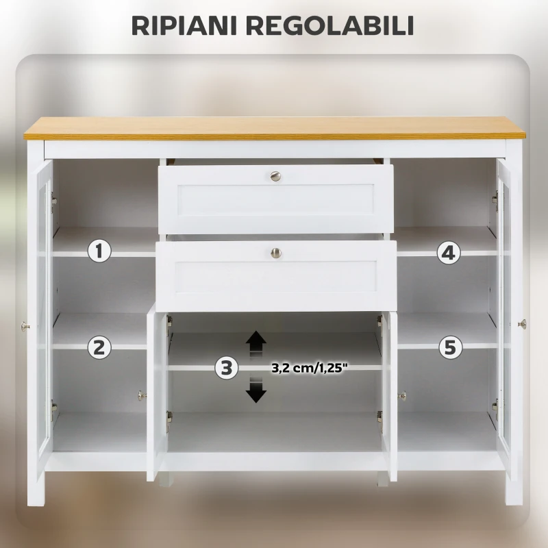 HOMCOM Mobile Cucina con 2 Cassetti e 3 Armadietti, Ante in Vetro e Ripiani Regolabili, 120x40x90 cm, Bianco e Rovere