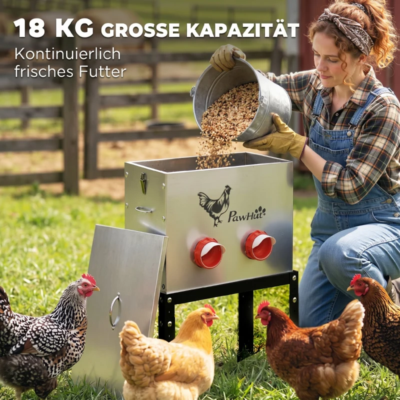 PawHut Futterautomat Hühner 18 kg Füllmenge mit abschließbarer Deckel verstellbarer Beine 6 Öffnungen 42x25x55,5 cm Silber