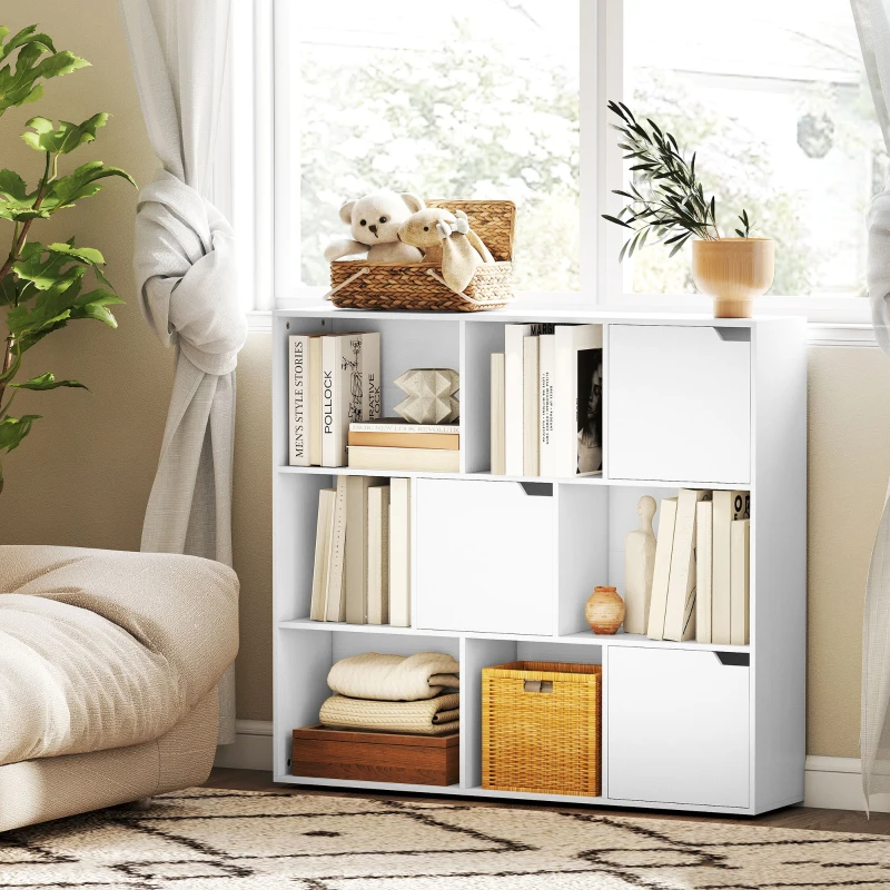 HOMCOM Librería de 3 Niveles con 9 Cubos 3 Puertas y 6 Compartimentos Abiertos 106x24x95 cm Blanco