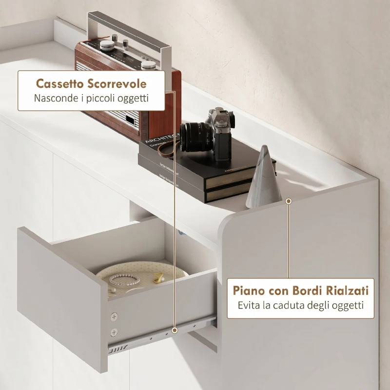 HOMCOM Scarpiera Ingresso in Legno con 4 Ante Design Push-to-Open, Ripiani Regolabili, Cassetto, 3 Vani Aperti, Bianco