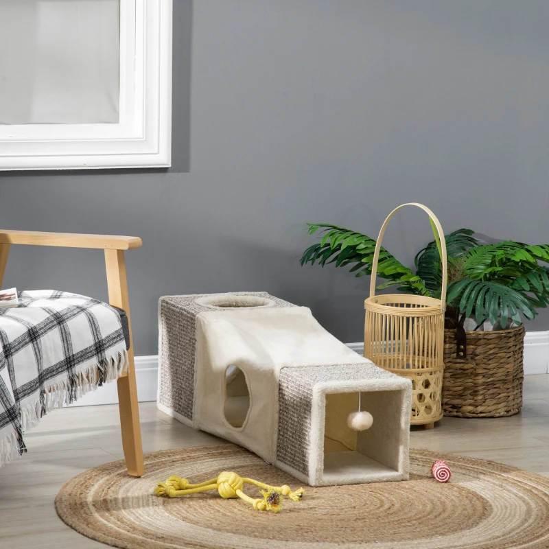 PawHut Tunnel pour chat intérieur jouets pour chats avec balle suspendue entrées multiples en sisal 98 x 30 x 30 cm crème