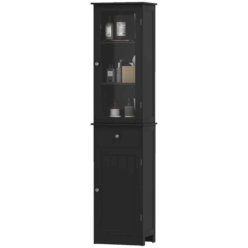 kleankin Mobile Colonna Bagno Salvaspazio con Armadietto, Cassetto e Ripiani in MDF, 40x27x171.5cm, Nero