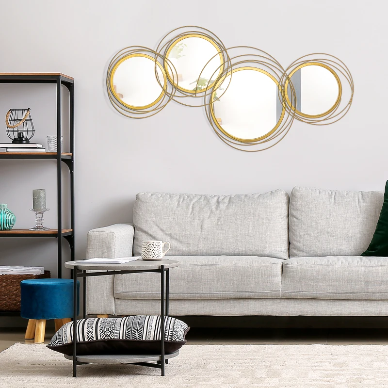 HOMCOM Decorazione Murale 3D in Metallo, Wall Art a Cerchi con Specchi 107x56cm, Oro