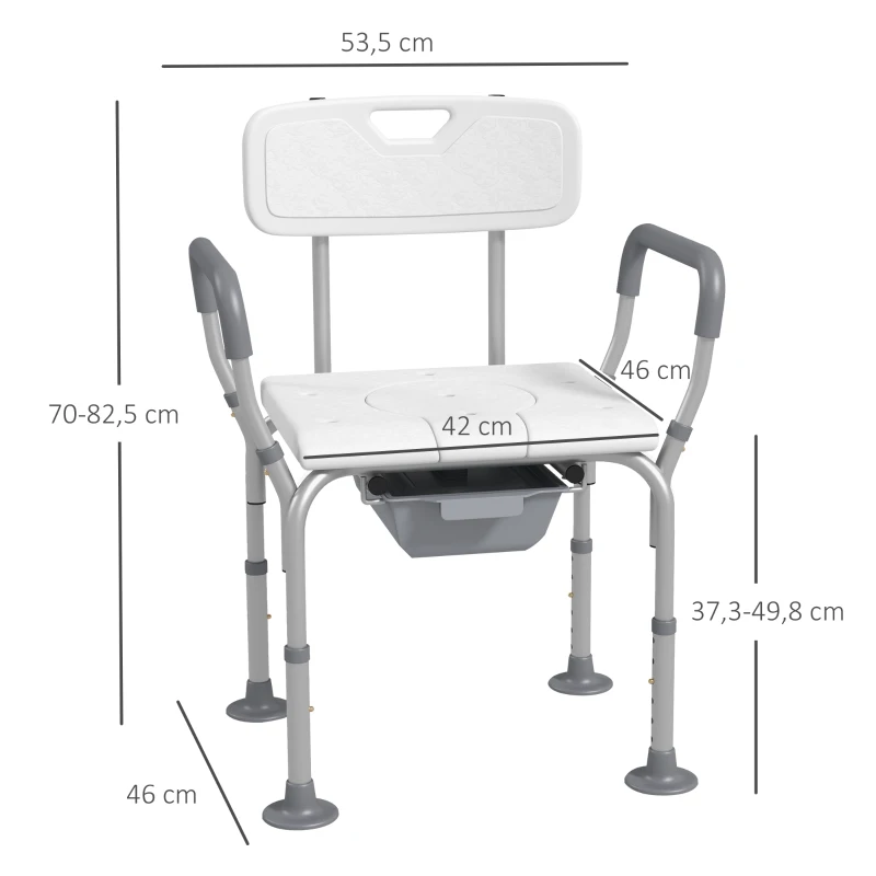 HOMCOM Silla de Ducha 3 en 1 con Respaldo y Apoyabrazos Altura Ajustable y Pies Antideslizantes Blanco