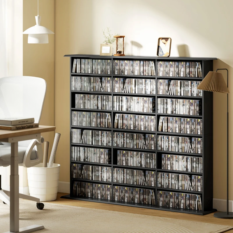 HOMCOM Mobile Porta CD a 8 Livelli con 18 Ripiani Regolabili, 1032 CD/594 DVD/Blu-ray Salvaspazio, con 24 Scomparti, 145x24x126.3 cm, Nero