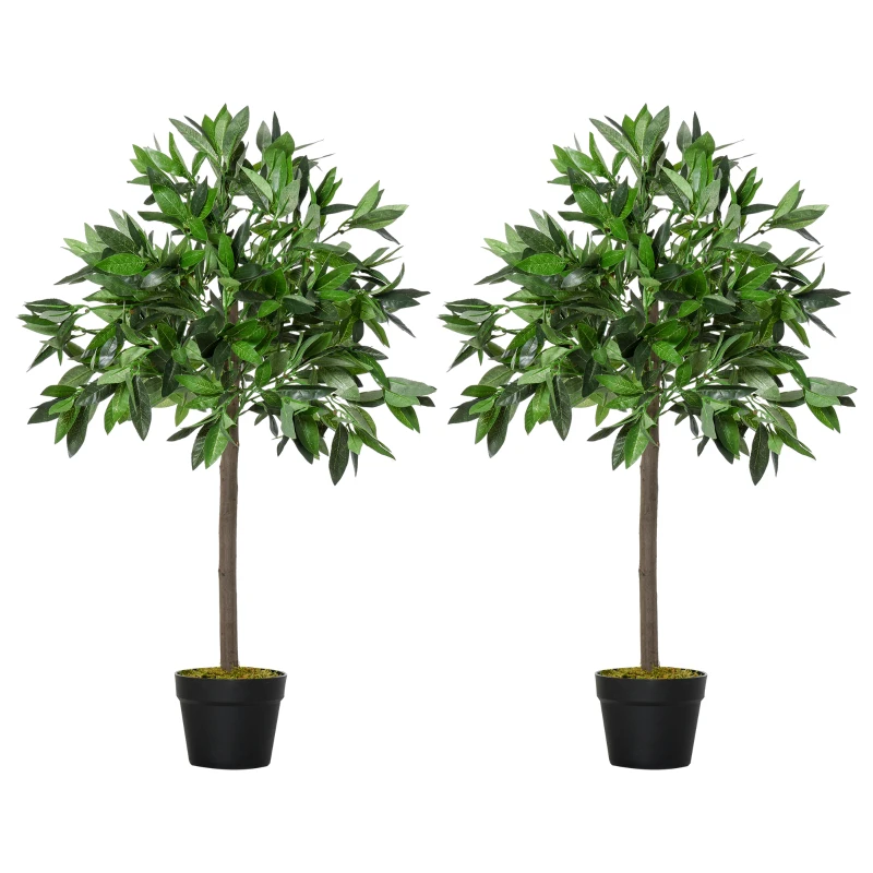 Outsunny Lauriers artificiels 0,90H m - Lot de 2 lauriers Boules artificiels - 564 Feuilles réalistes par Pied - Pot Inclus Noir Vert