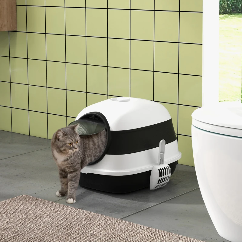 PawHut bac à litière pour chat pliable porte battante lucarne + pelle fournis noir blanc