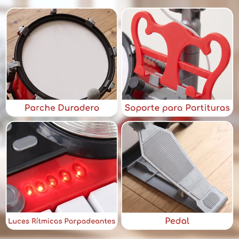 HOMCOM Batería Infantil con Taburete, Jazz Batería Infantil con 4 Tambores, Micrófono, Platos, Baquetas Teclado, Instrumento Musical para Niños +3 Años, Rojo