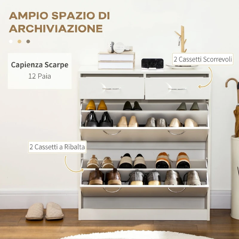 HOMCOM Mobile Scarpiera da 12 Paia con 2 Ripiani Interni Regolabili e 2 Cassetti, in Legno, 80x30x91.5 cm, Bianco