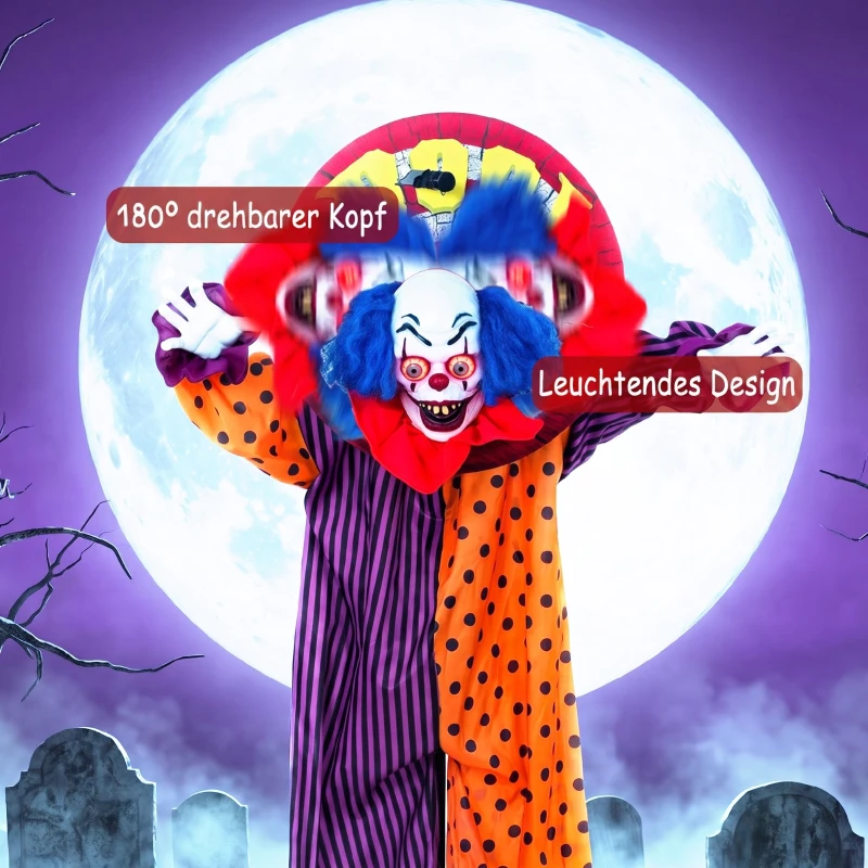 HOMCOM 167 cm lebensgroße animierte Halloween-Clown-Deko mit Sound- & Berührungsaktivierung