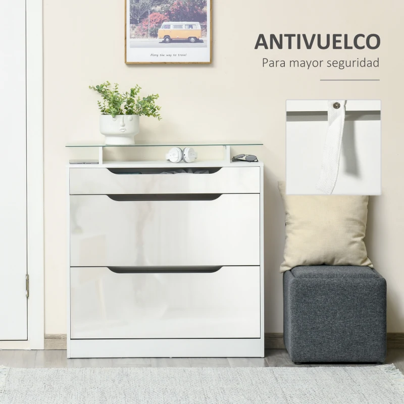 HOMCOM Zapatero Estrecho de 2 Puertas Mueble Zapatero para 16 Pares de Zapatos con Cajón Estante Abierto y Encimera de Vidrio para Pasillo Entrada 89x23x96 cm Blanco