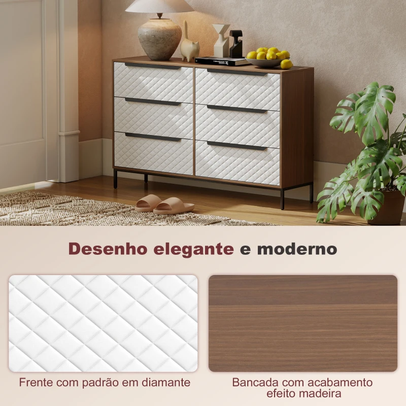 HOMCOM Cómoda com 6 Gavetas de Tecido Frentes com Padrão de Diamante Móvel de Arrumação 117,5x30x73,5 cm Madeira e Branco