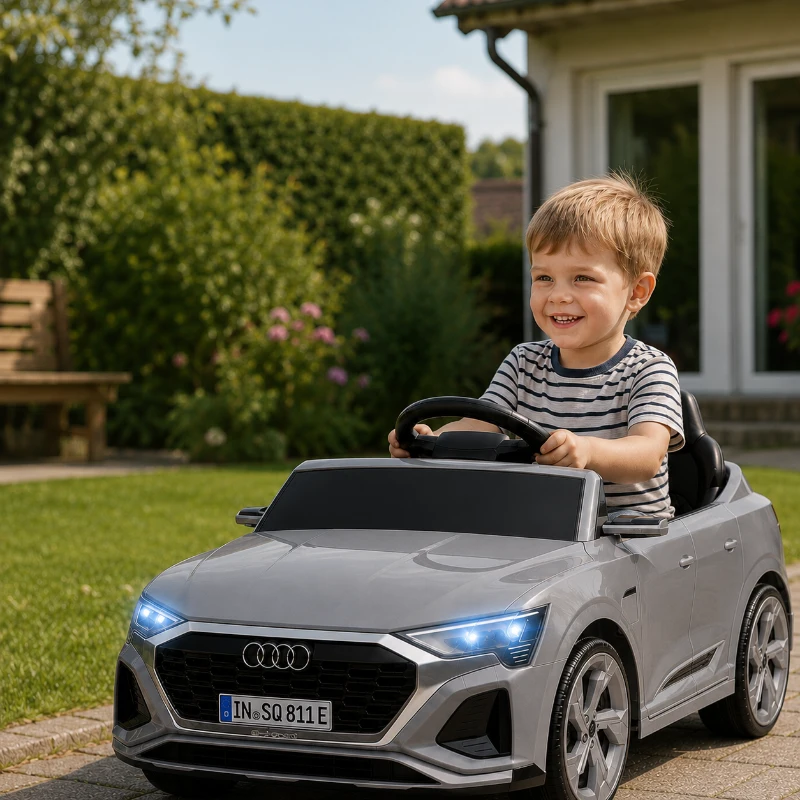 AIYAPLAY Elektro-Kinderauto, 12V Audi Q8, 3-5 km/h, Fernsteuerung, Scheinwerfer, Musik, Grau