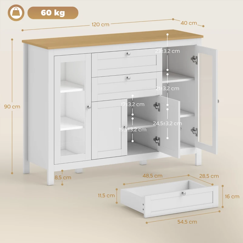 HOMCOM Mobile Cucina con 2 Cassetti e 3 Armadietti, Ante in Vetro e Ripiani Regolabili, 120x40x90 cm, Bianco e Rovere