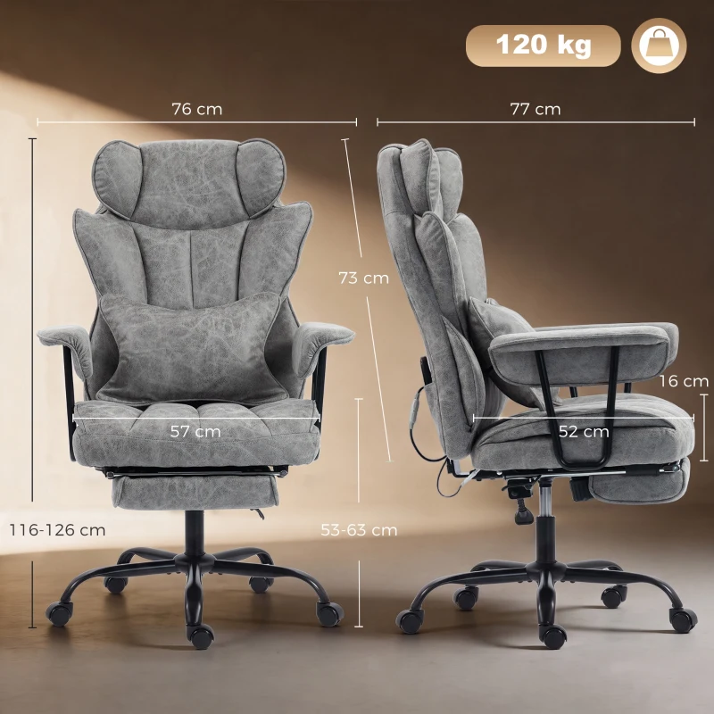 HOMCOM Fauteuil de bureau avec massage 6 points et chaleur, fauteuil de bureau avec repose-pieds, soutien lombaire et large assise, Gris